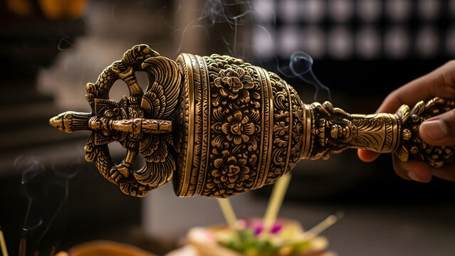 Traditional ornate bronze vajra bell held during a sacred spiritual ceremony with rising incense smoke