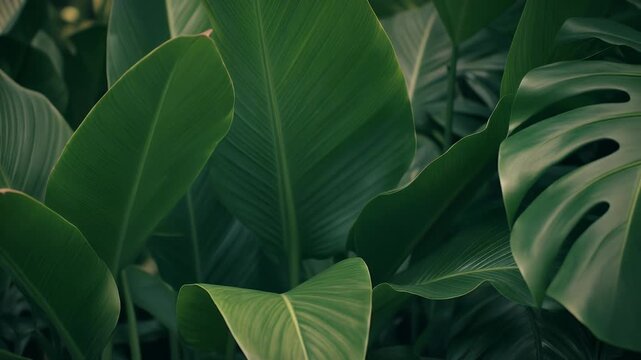 Lush green tropical foliage with various large leaves, including a distinctive Monstera leaf, creating a vibrant natural background.