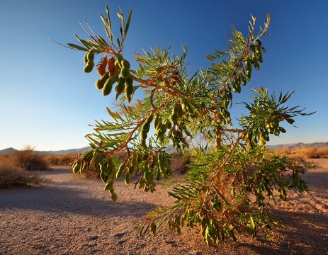 edible mesquite beans on a tree in the mojave desert california usa