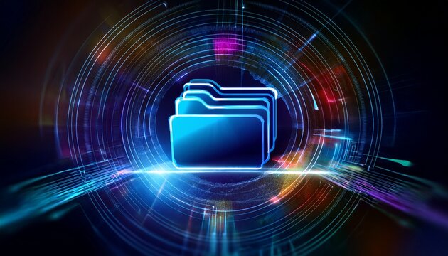 stunning photo of digital glowing folders on a dark background representing data storage and network security