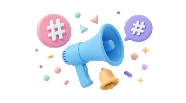 3D Megaphone with Hashtags and Notification Bell for Social Media