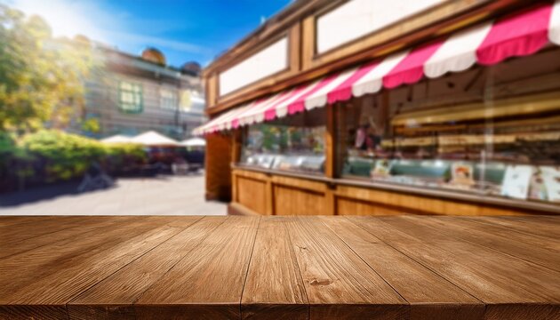 stunning photo of empty wooden table with blurred ice cream shop background