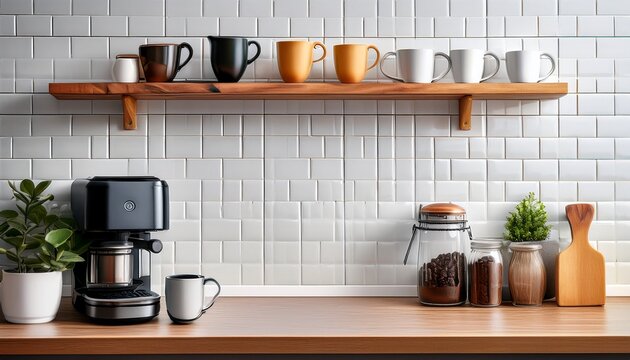 kitchen with coffee maker shelf mugs glasses and tile wall