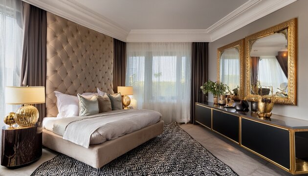 luxurious bedroom with bed tufted headboard mirrors and gold lamps