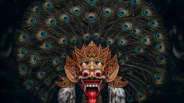 Traditional Indonesian Reog Ponorogo Mask with Majestic Peacock Feathers and Mystic Demon Face