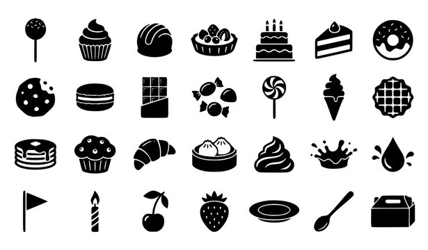 Minimal black dessert vector icon set featuring cake pops cupcakes chocolate truffles tarts and celebration sweets isolated on white background