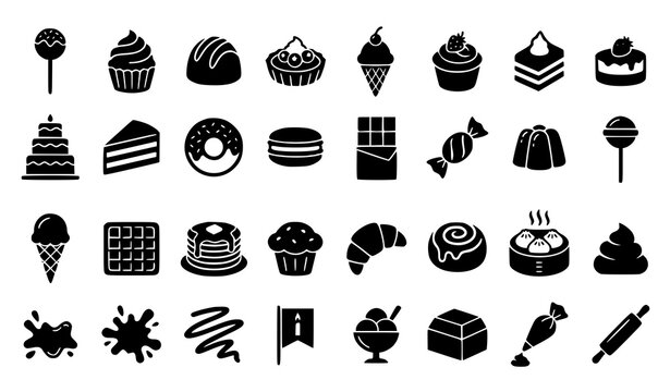 Modern dessert silhouette icon collection with cupcakes chocolate pastries birthday treats and bakery symbols isolated on white background
