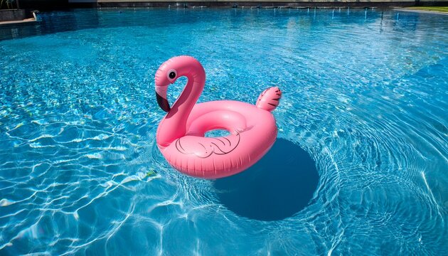 pink flamingo inflatable pool floatie in swimming pool