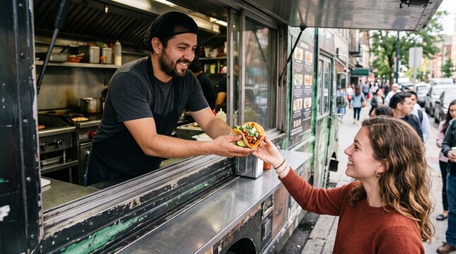 Smiling food truck vendor hands a fresh taco to a happy customer on a busy city street