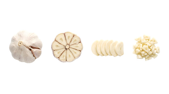 Fresh garlic bulb and cloves preparation, sliced and minced organic garlic pieces, culinary vegetable ingredients on white background