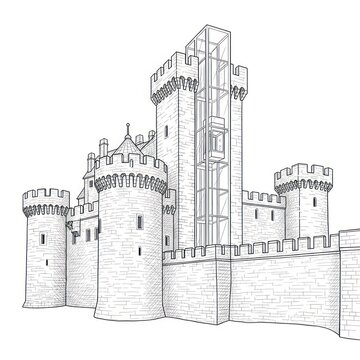 A detailed drawing of a medieval stone castle with towers and battlements