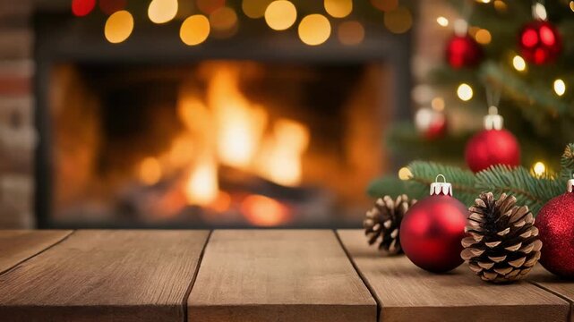 Warm fireplace scene with festive Christmas decorations and a wooden table for product placement during winter holidays