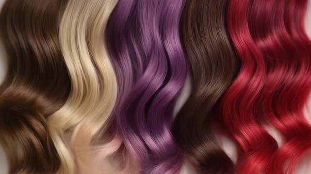 Wavy hair strands in vibrant colors arranged in a repeating pattern against a dark background in cinematic motion