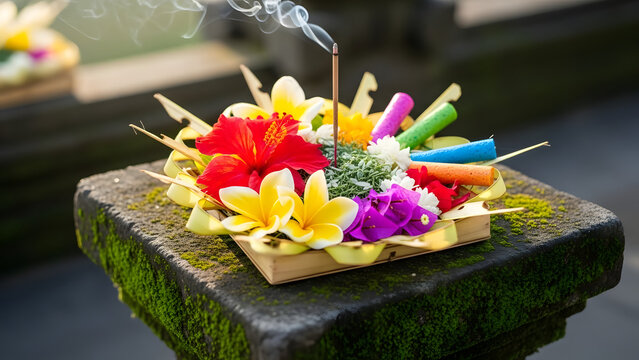 Traditional Balinese Hindu offering Canang Sari with colorful flowers and burning incense stick on stone shrine in Bali