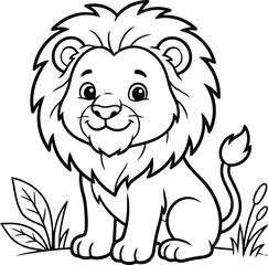 Obraz premium Cute lion cub sitting with grass and leaves
