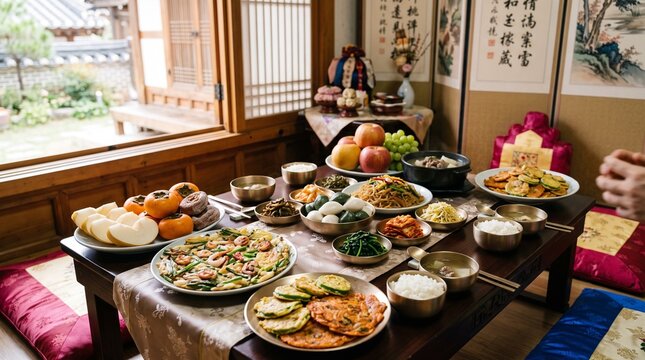 Traditional Korean Charye Sang Table Setting with Assorted Dishes and Fruits