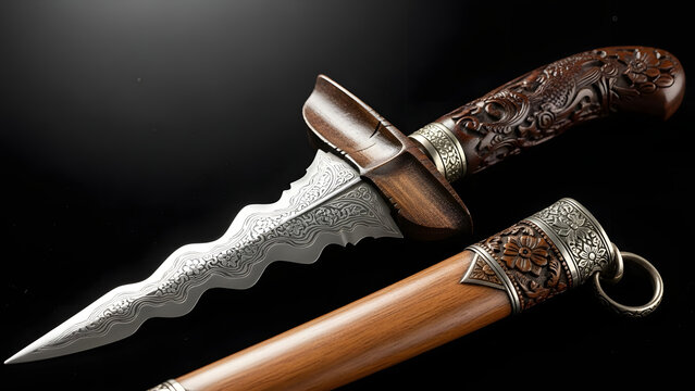 Exquisite traditional ceremonial dagger featuring an intricately carved wooden handle and scabbard, showcasing a wavy blade and ancient craftsmanship