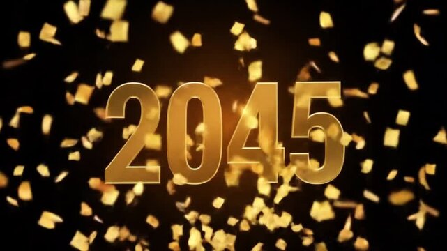 Golden 2045 countdown celebration with sparkling confetti. Futuristic new year countdown timer for business and tech milestones.