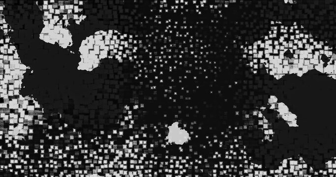 Minimalist abstract monochrome background featuring pixelated/scattered cube patterns transitioning with dense black noise and digital grain aesthetics