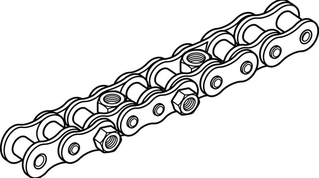 Detailed isometric line art of industrial roller drive chain.