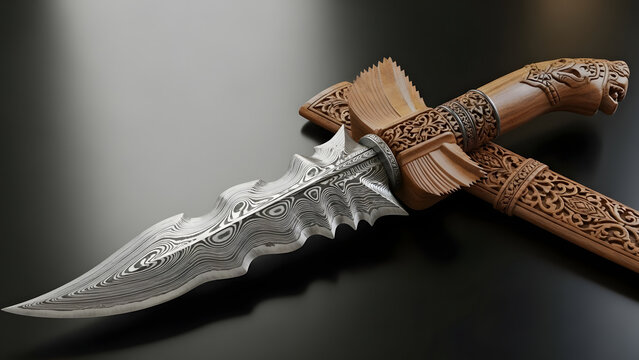 Ornate Indonesian kris dagger with wavy damascus blade and carved wooden hilt