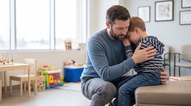 A father comforting his young son in a waiting room, offering a hug and reassurance. The scene evokes a sense of parental love and support amidst potential worry or sadness