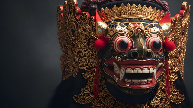 Intricate Balinese Barong Mask Featuring Traditional Gold Carvings and Mystical Cultural Symbolism in Detail