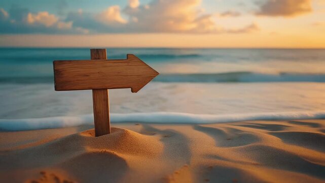 Wooden directional arrow signpost on sandy beach during golden hour with ocean waves and clouds