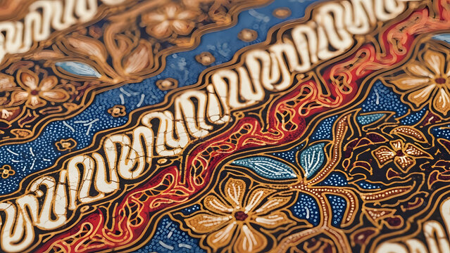 Close Up of Traditional Indonesian Batik Pattern Fabric with Floral and Parang Motif