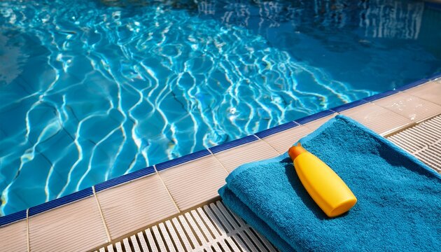 blue towel and yellow sunscreen bottle placed beside a swimming pool with clear water and tiled surface reflecting sunlight on a warm day
