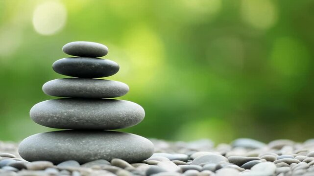 Zen stone stack balanced on pebbles with soft green bokeh background during serene morning light