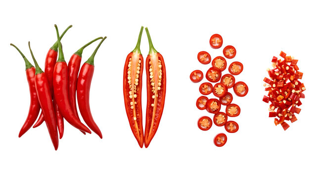 Fresh red chili peppers set, whole and sliced spicy bird's eye chilies, chopped hot pepper pieces isolated on white background for culinary design