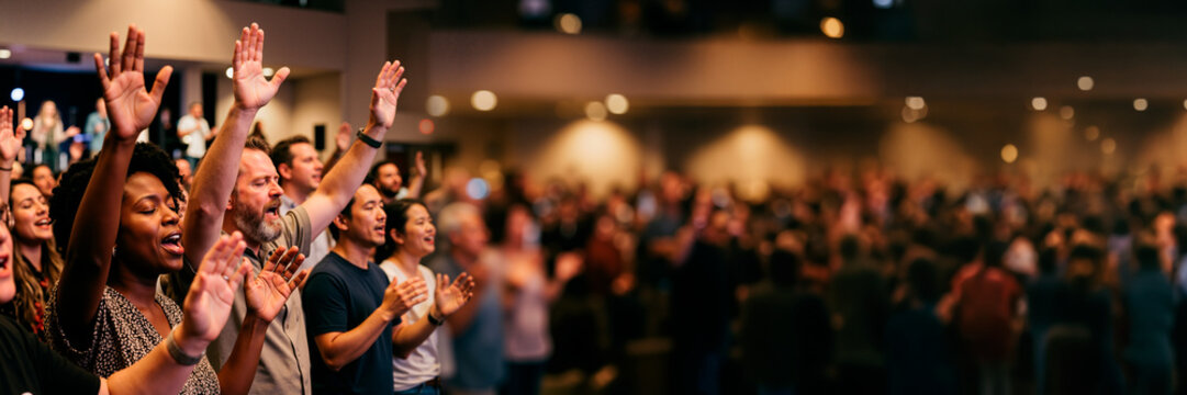 Diverse congregation singing with raised hands in a modern church. Christian worship and praise concept. Panoramic banner with blurred background and copy space on the right