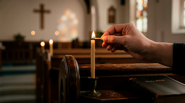 Hand lighting a candle in a church. Religious ritual with a holy bible on a wooden pew. Spiritual concept