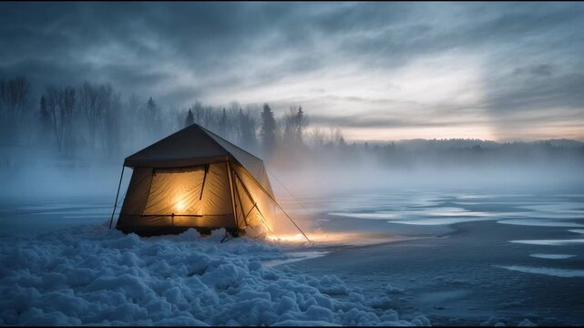 Tent illuminated at twilight on frozen lake in winter landscape  