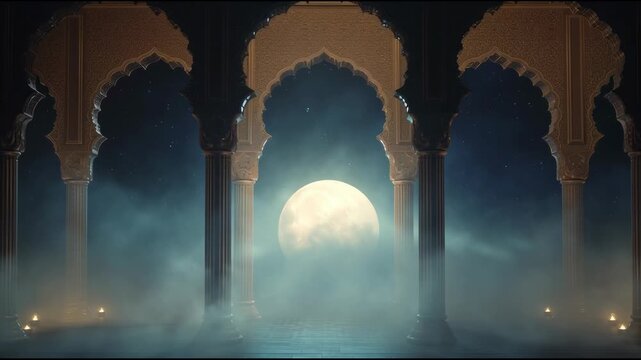 Mystical archway with large moon and fog in night scene  