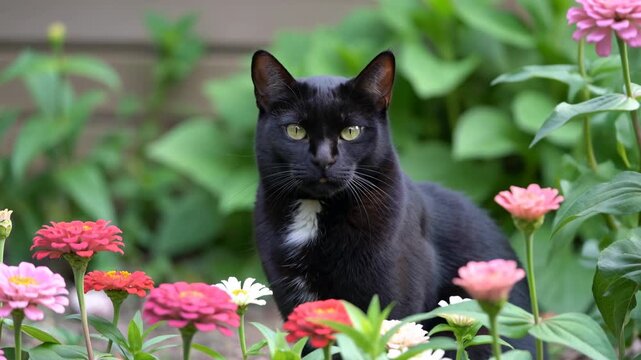 Black cat sitting among colorful flowers in garden setting  
