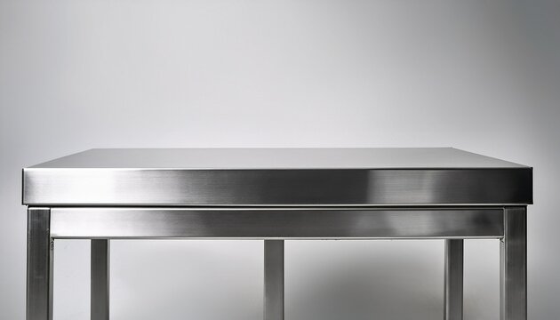 stainless steel kitchen pedestal table on light background minimal industrial surface with reflective metal texture modern display counter for product presentation and mockup
