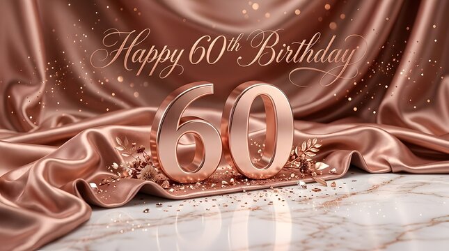 Rose Gold 60th Birthday Background with Metallic Number 60 and Satin Drapery