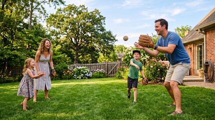 Fototapeta premium Happy family playing baseball in backyard on sunny day with green grass and blooming flowers