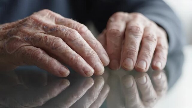 Close-up of wrinkled elderly hands with a slight tremor resting on a reflective glass table. Physical vulnerability and aging concept