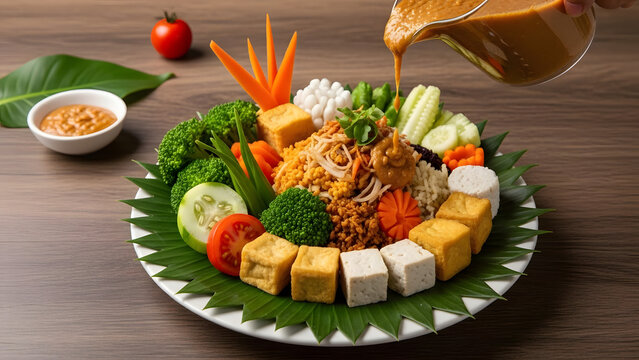 Pouring rich peanut sauce over a fresh Indonesian gado gado salad plate filled with tofu and assorted vegetables