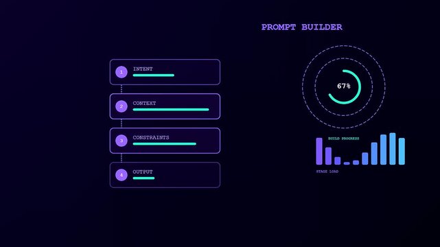 A digital prompt engineering interface showing iterative software progress with glowing data bars and loading circles depicted across three sequential screens within a modern analytics display