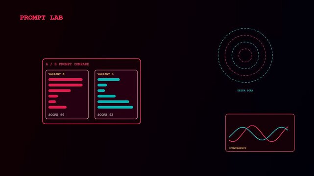 A prompt engineering interface displays data comparison charts and circular scan graphics in an animated sequence shown across three distinct panels on a dark screen
