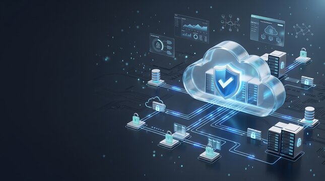 Transparent glass cloud icon with security shield protecting computer network and data servers