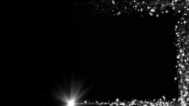 Elegant silver glitter particles forming a border frame with lens flare effect on black background for premium wedding and holiday video transitions
