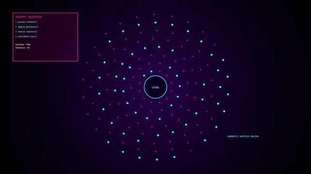 An intricate digital prompt engineering interface displays glowing nodes in a concentric circular formation as lines of code execute within a dark virtual data environment