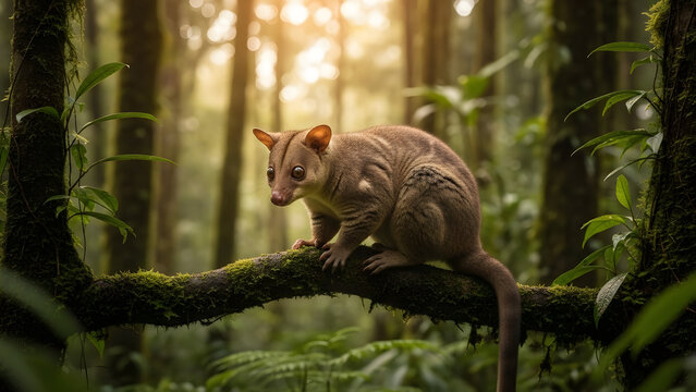 A rare Sulawesi bear cuscus perched on a mossy tree branch in a lush, misty rainforest at sunrise