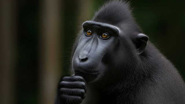 A close-up portrait of a black crested macaque with piercing orange eyes in a shallow depth of field, its expression thoughtful