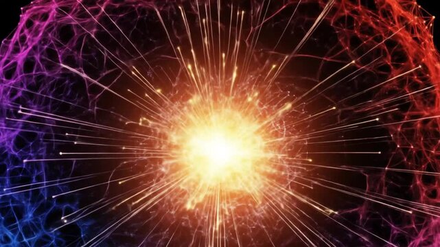 Vibrant fireworks explosion in night sky. Colorful pyrotechnic display with golden sparks radiating outward.